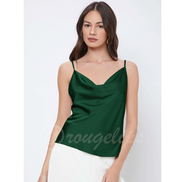 Green Glamorous Cowl Neck Spaghetti Straps Camisole Top Cami, Draped - Picture 3 of 10